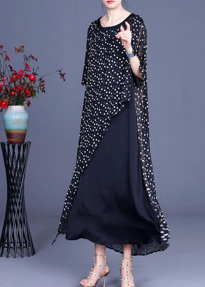 Black Patchwork Dot Summer Silk Sundress Half Sleeve