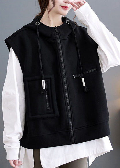 Black Patchwork Pockets Hoodie Waistcoat Fall