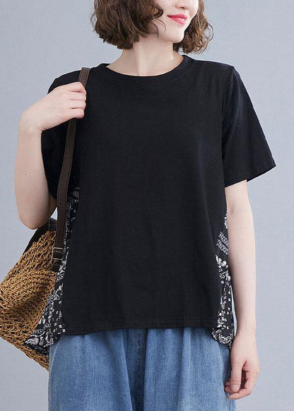 Black Patchwork Print O-neck Cotton Tops Summer