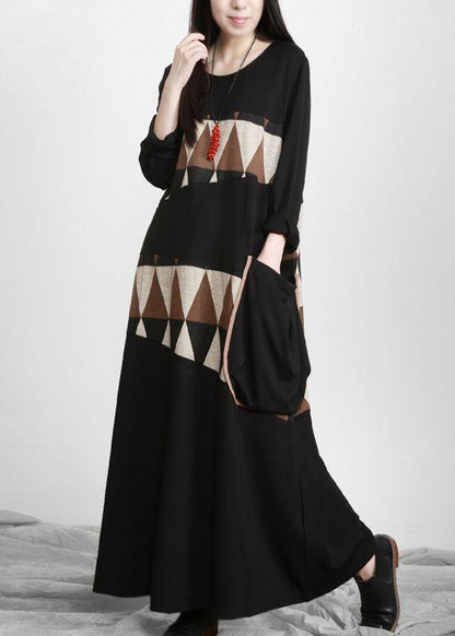Black Patchwork Print Pockets Asymmetrical Design Maxi Dress Fall
