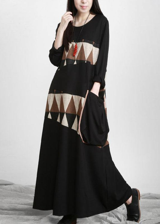 Black Patchwork Print Pockets Asymmetrical Design Maxi Dress Fall