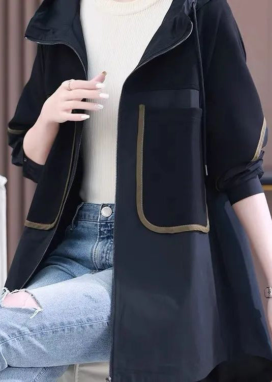 Black Patchwork Zippered Pockets Hooded Coats Long Sleeve