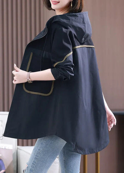 Black Patchwork Zippered Pockets Hooded Coats Long Sleeve