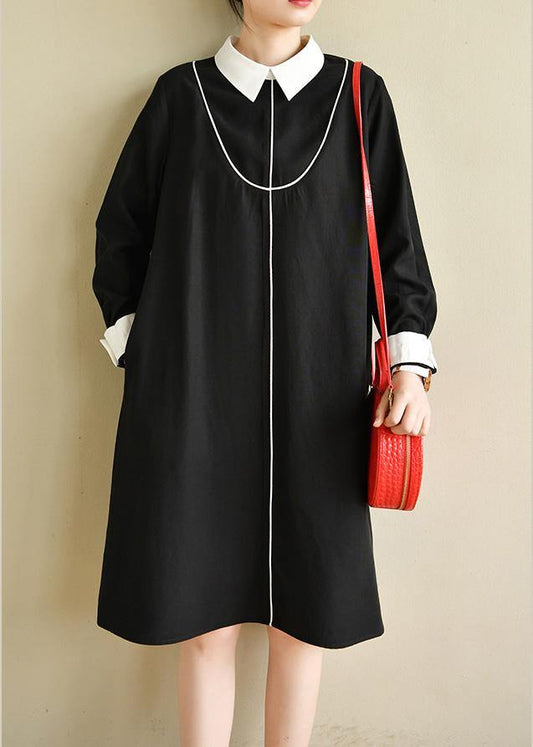 Black Peter Pan Collar Button Spring Long Dresses