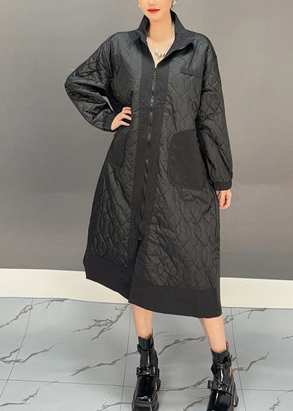 Black Peter Pan Collar Embroidered Plaid Pockets Long Parka Winter