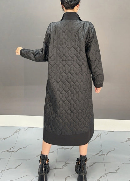 Black Peter Pan Collar Embroidered Plaid Pockets Long Parka Winter