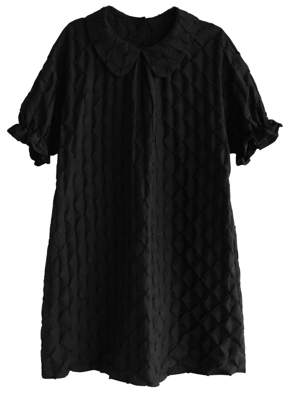 Black Peter Pan Collar Original Design Plaid Holiday Dress Short Sleeve