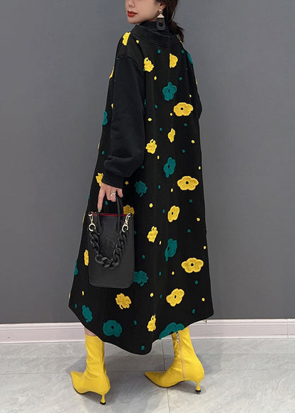 Black Peter Pan Collar Patchwork Print Cotton Fake Two Piece Dress Spring