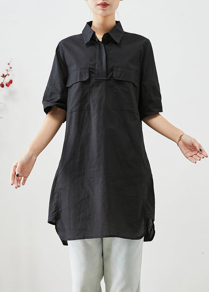 Black Peter Pan Collar Pockets Cotton Shirt Top Short Sleeve