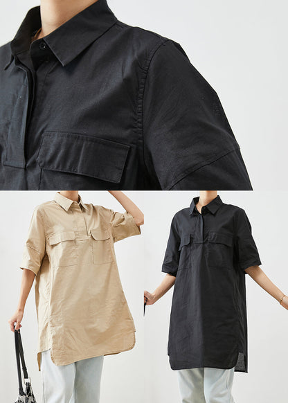 Black Peter Pan Collar Pockets Cotton Shirt Top Short Sleeve