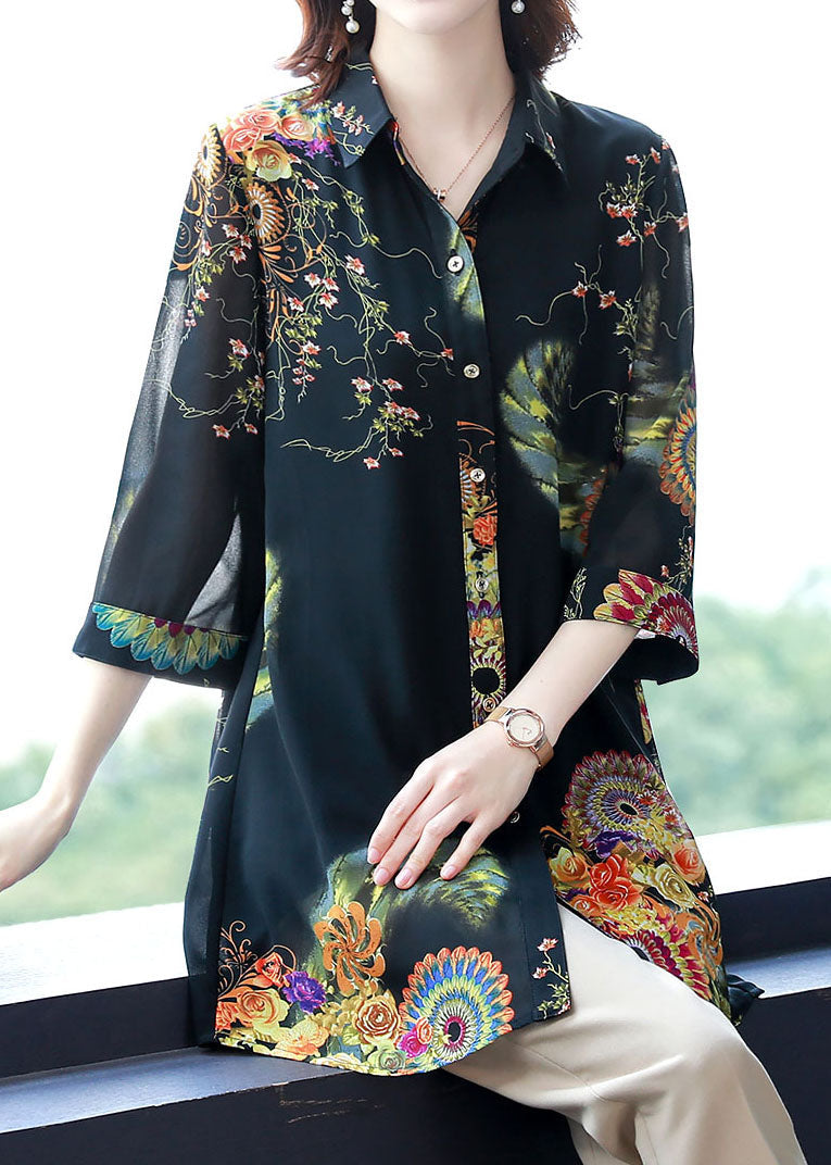 Black Peter Pan Collar Print Button Chiffon Long Blouse Top Bracelet Sleeve