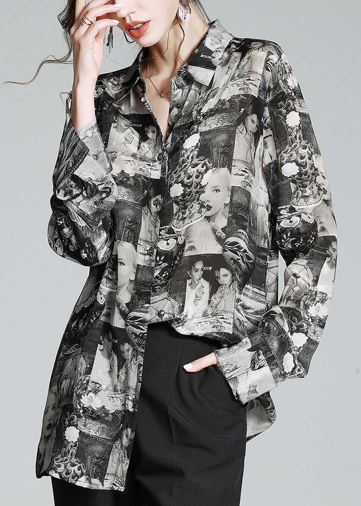 Black Peter Pan Collar Print Button Silk Shirt Long Sleeve