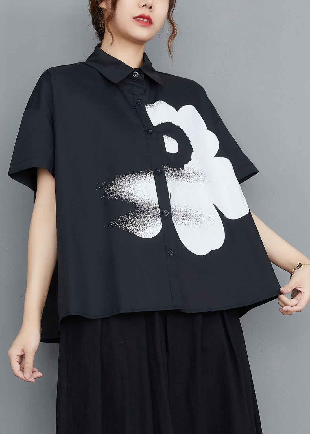 Black Peter Pan Collar Print Cotton Shirt Tops Summer