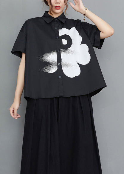 Black Peter Pan Collar Print Cotton Shirt Tops Summer
