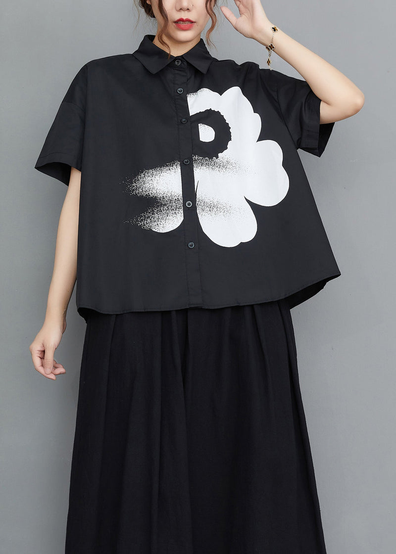 Black Peter Pan Collar Print Cotton Shirt Tops Summer