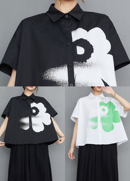 Black Peter Pan Collar Print Cotton Shirt Tops Summer