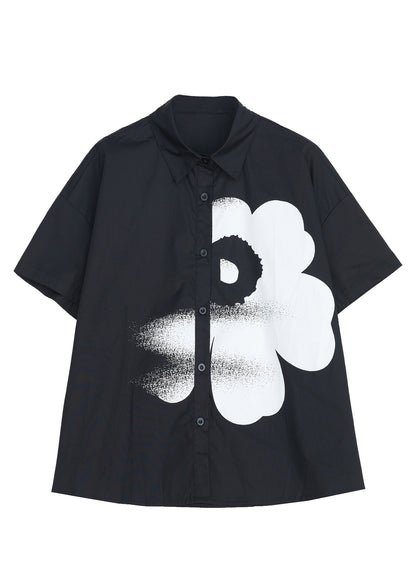 Black Peter Pan Collar Print Cotton Shirt Tops Summer
