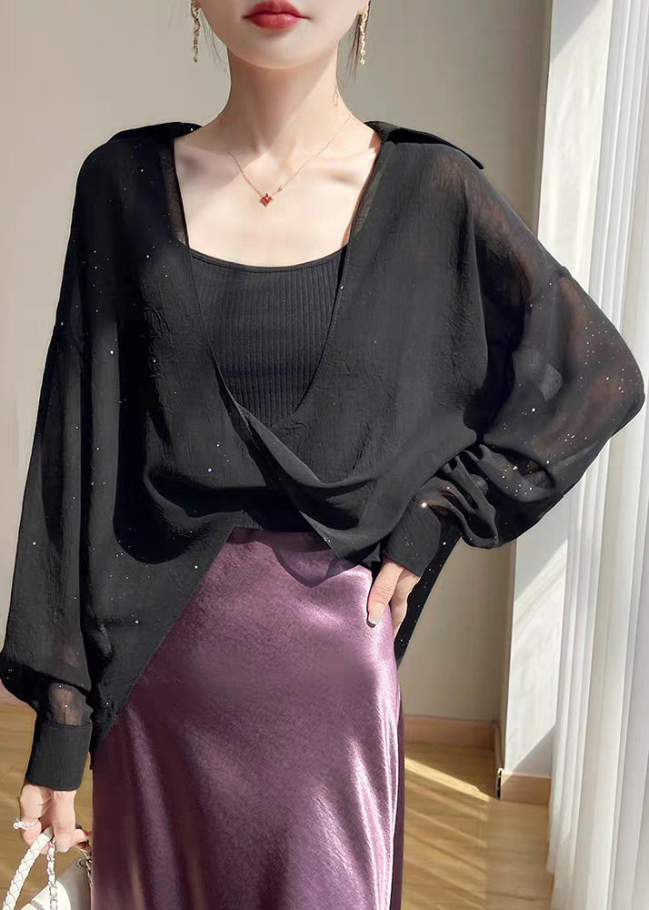 Black Peter Pan Collar Chiffon Blouses Fall