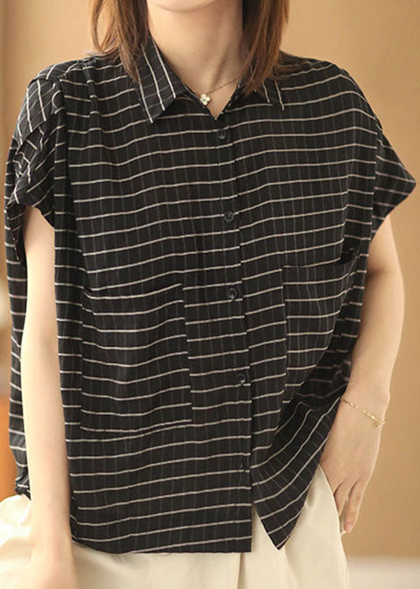Black Peter Pan Collar Striped Pockets Drawstring Blouse Top Short Sleeve