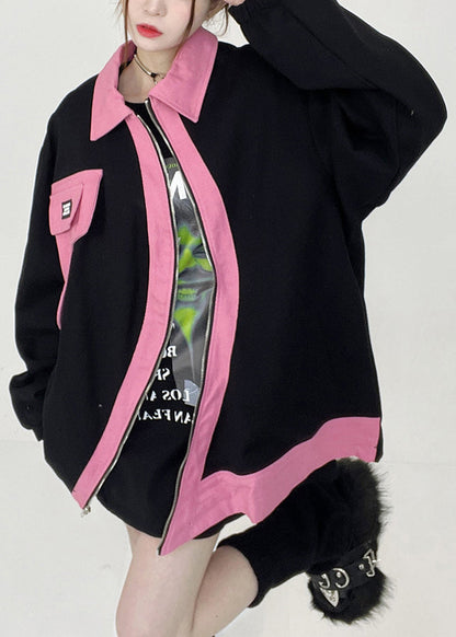 Black Peter Pan Collar Zip Up Cotton Coats Long Sleeve