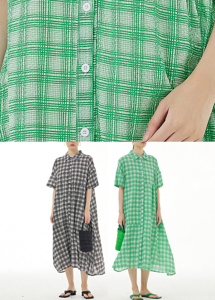 Black Plaid Button Cotton Maxi Dresses Summer