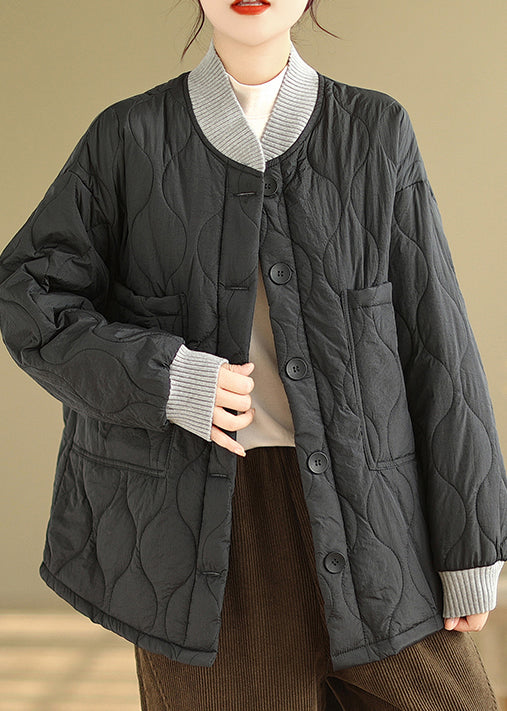 Black Pockets Button Fine Cotton Filled Jacket Winter