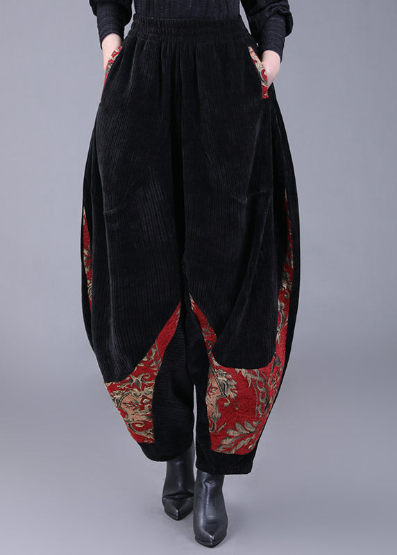 Black Pockets Embroidered Corduroy Lantern Pants Fall