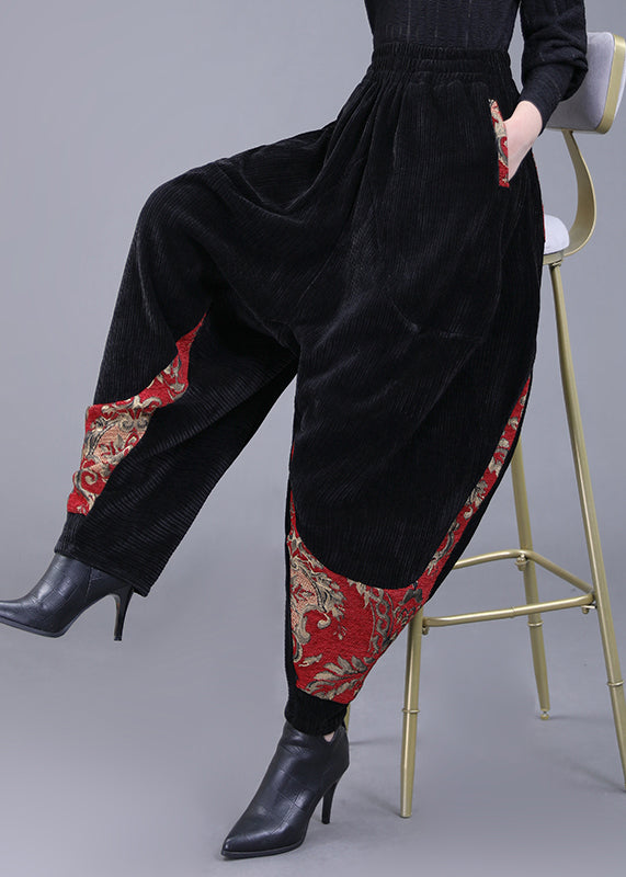 Black Pockets Embroidered Corduroy Lantern Pants Fall