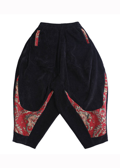 Black Pockets Embroidered Corduroy Lantern Pants Fall