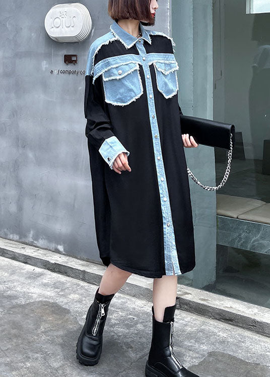 Black Pockets Patchwork Button Fall Dresses Long Sleeve