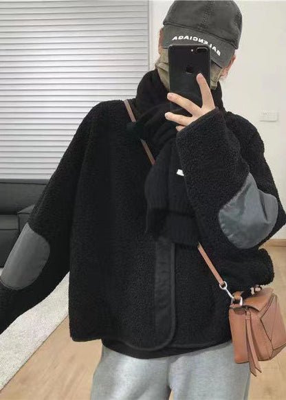 Black Pockets Patchwork Faux Fur Coats Spring