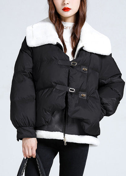 Black Pockets Patchwork Fine Cotton Filled Puffers Jackets Winter