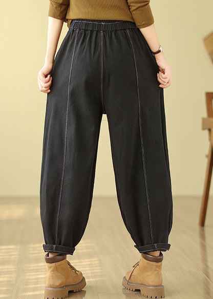 Black Pockets Patchwork Warm Fleece Denim Pants Winter