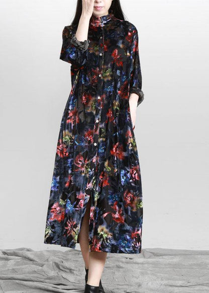Black Print Button Pockets Vacation Dresses Fall