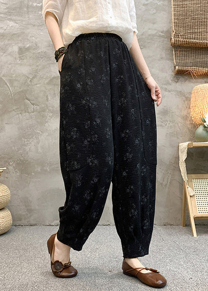 Black Print Elastic Waist Cotton Crop Pants Summer
