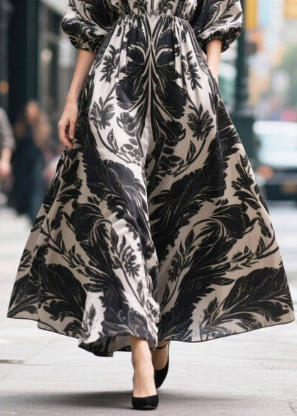 Black Print Exra Large Hem Chiffon Party Dress Summer
