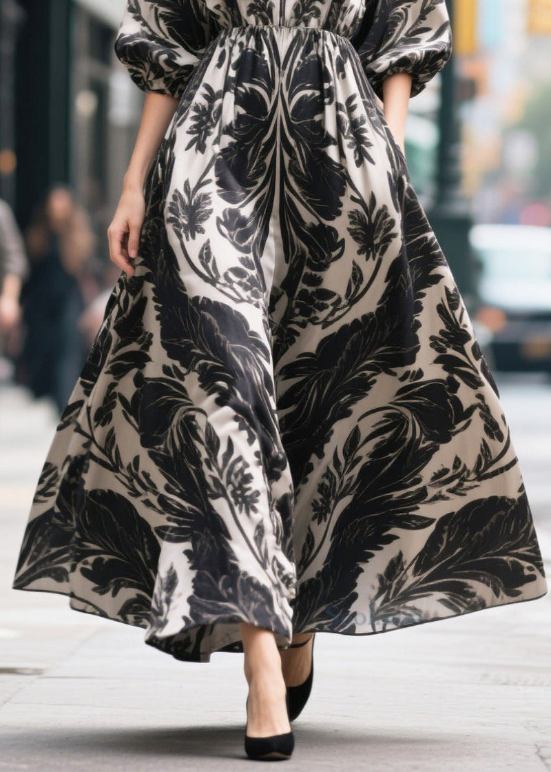 Black Print Exra Large Hem Chiffon Party Dress Summer