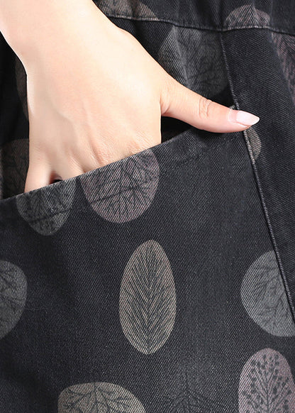 Black Print Pockets Elastic Waist Lantern Denim Pants Fall
