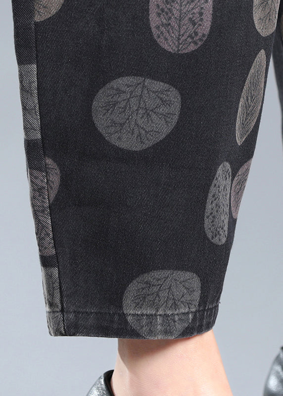 Black Print Pockets Elastic Waist Lantern Denim Pants Fall