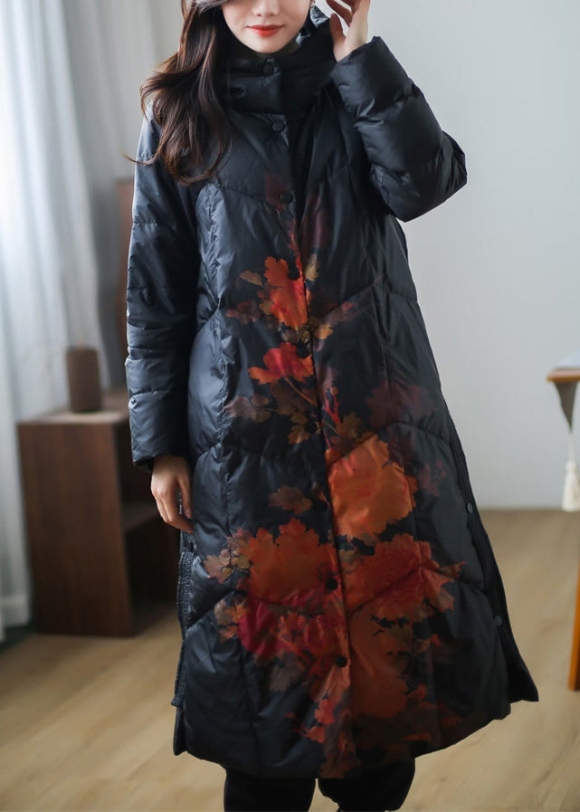 Black Print Warm Fleece Thick Duck Down Long Down Coat Winter