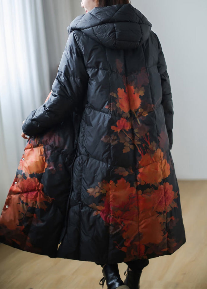 Black Print Warm Fleece Thick Duck Down Long Down Coat Winter