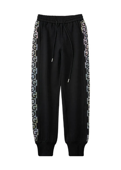 Black Print Zircon Elastic Waist Pockets Pants