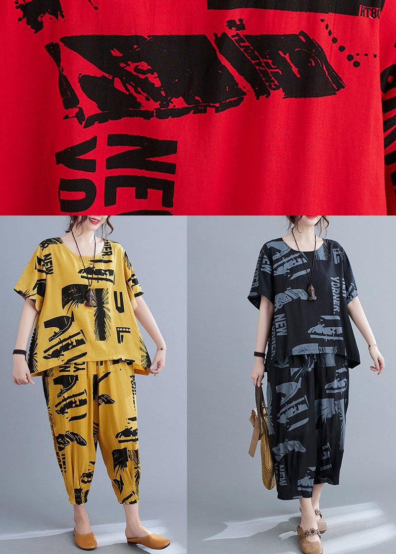 Black Print Crop Pants Two Pieces Set Summer