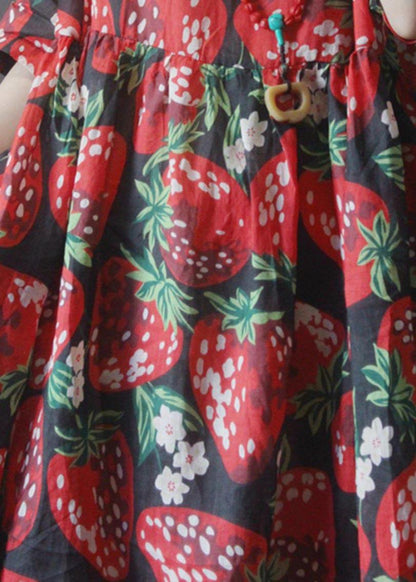 Black Print Strawberry High Waist Long Dresses Summer Linen