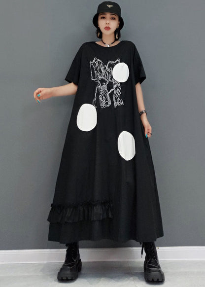 Black Ruffled Patchwork Dot Print Cotton Dresses Short Sleeve
