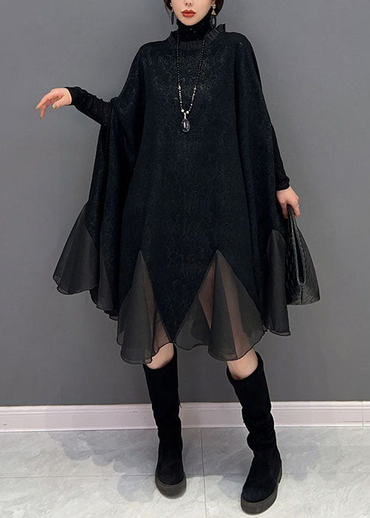 Black Ruffled Patchwork Organza Dress Batwing Sleeve