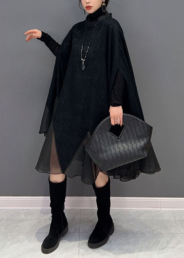 Black Ruffled Patchwork Organza Dress Batwing Sleeve