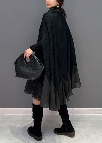 Black Ruffled Patchwork Organza Dress Batwing Sleeve
