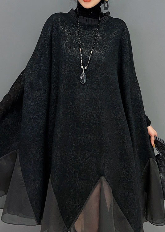 Black Ruffled Patchwork Organza Dress Batwing Sleeve
