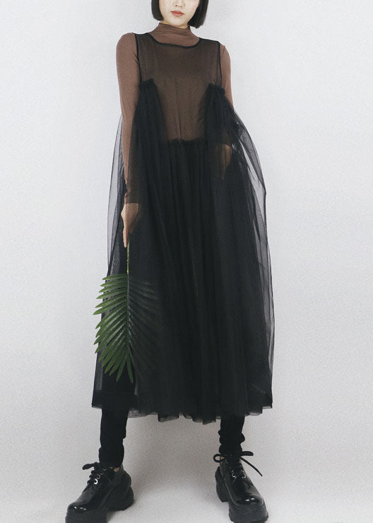 Black Ruffled Patchwork Tulle Vacation Dresses Sleeveless